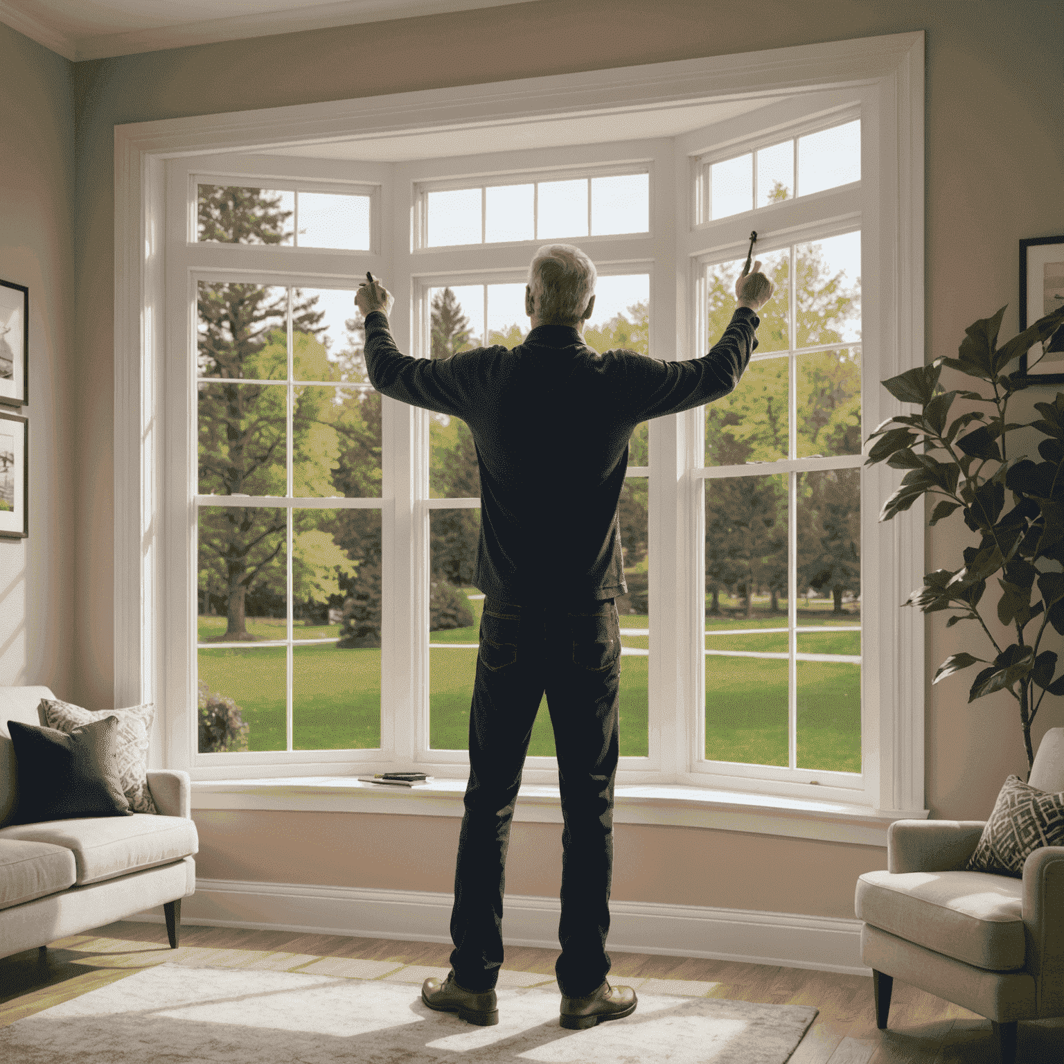 John Doe, founder of Window Adjustment Pro, adjusting a large bay window in a modern living room