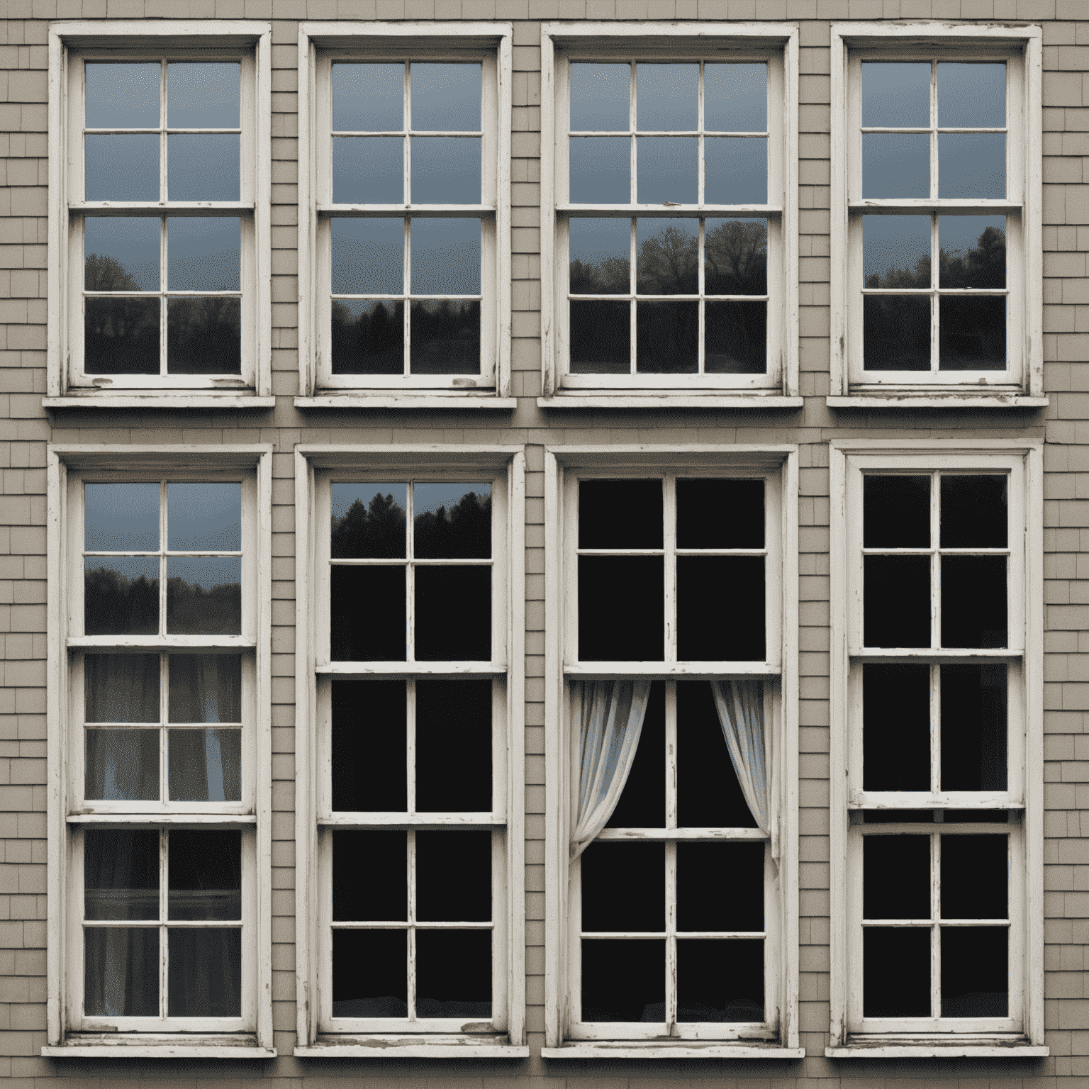 A collage of various window types with visible issues such as condensation, cracks, and stuck frames