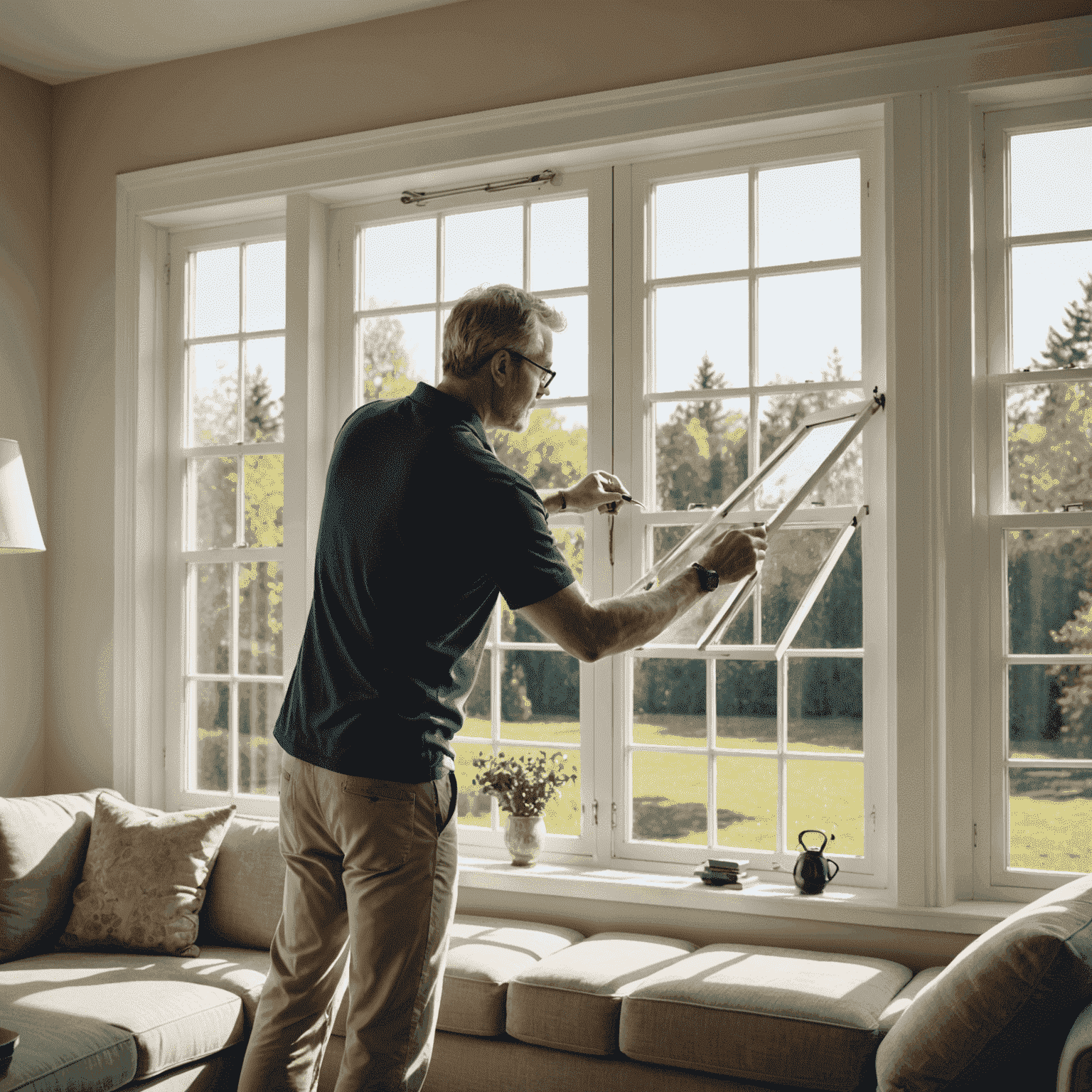 A professional window technician adjusting a large, modern window in a sunlit living room, demonstrating precision and expertise