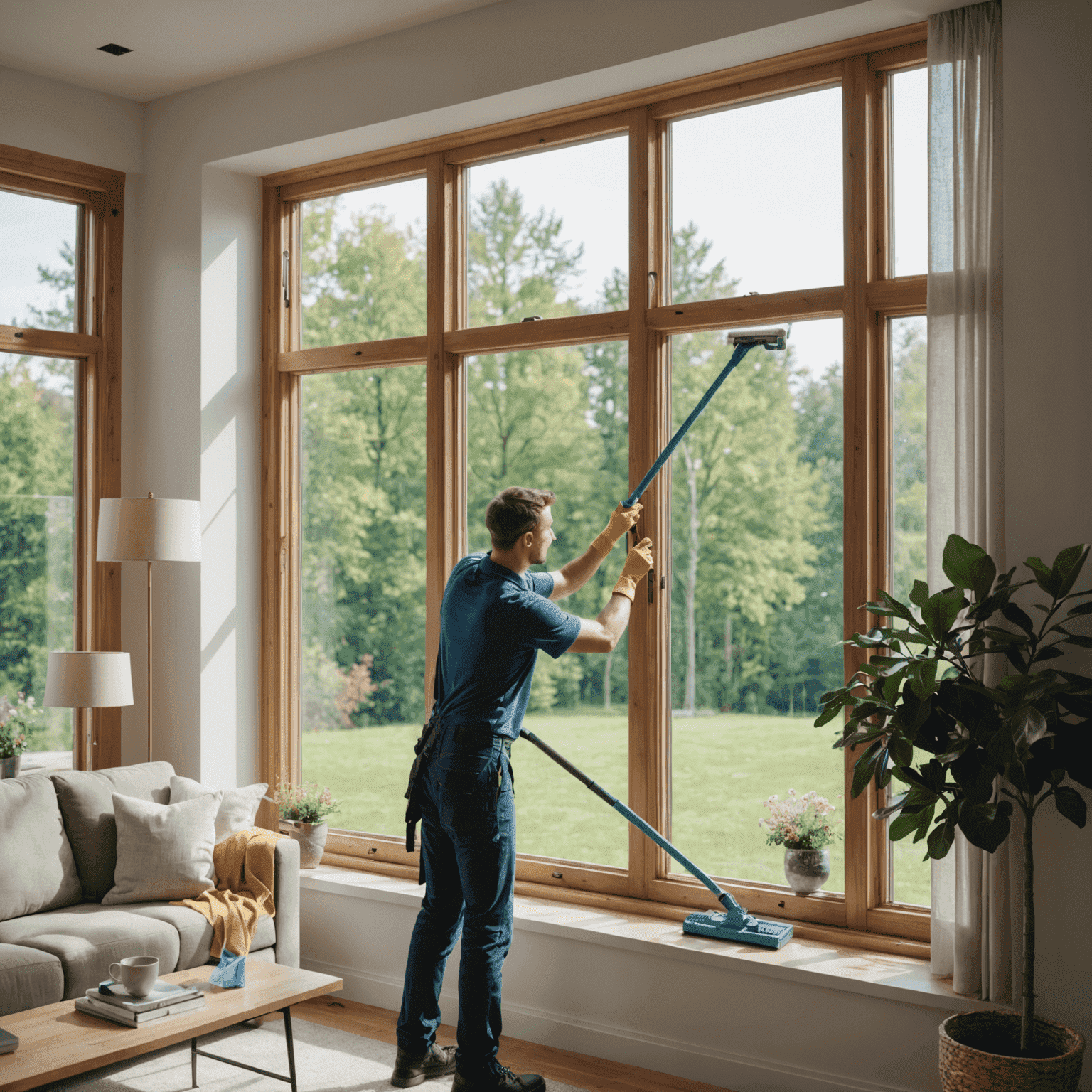 A person cleaning a large window in a modern living room, demonstrating proper window maintenance techniques