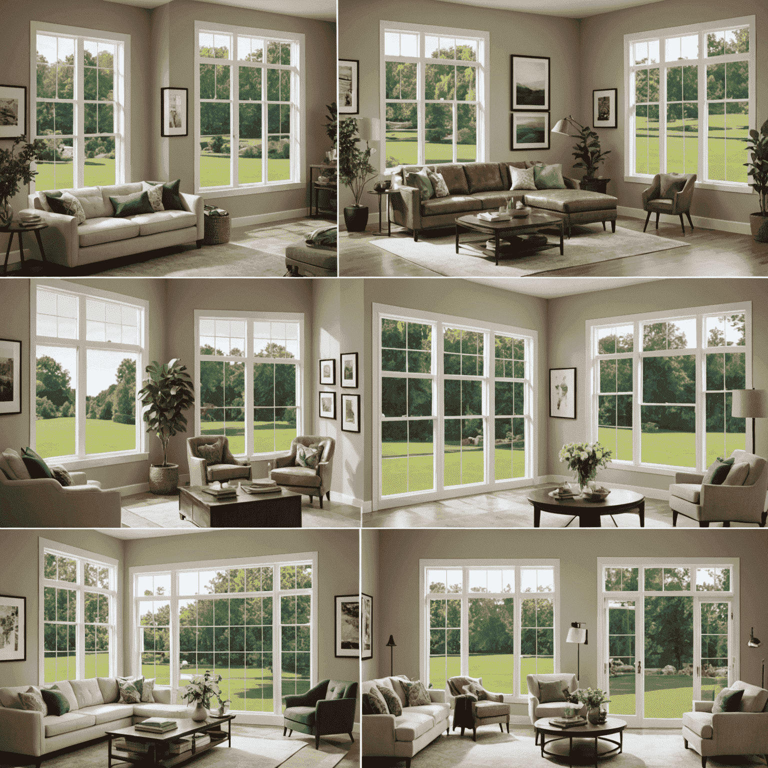 A collage of different window styles showcased in a modern home setting, demonstrating various options for homeowners