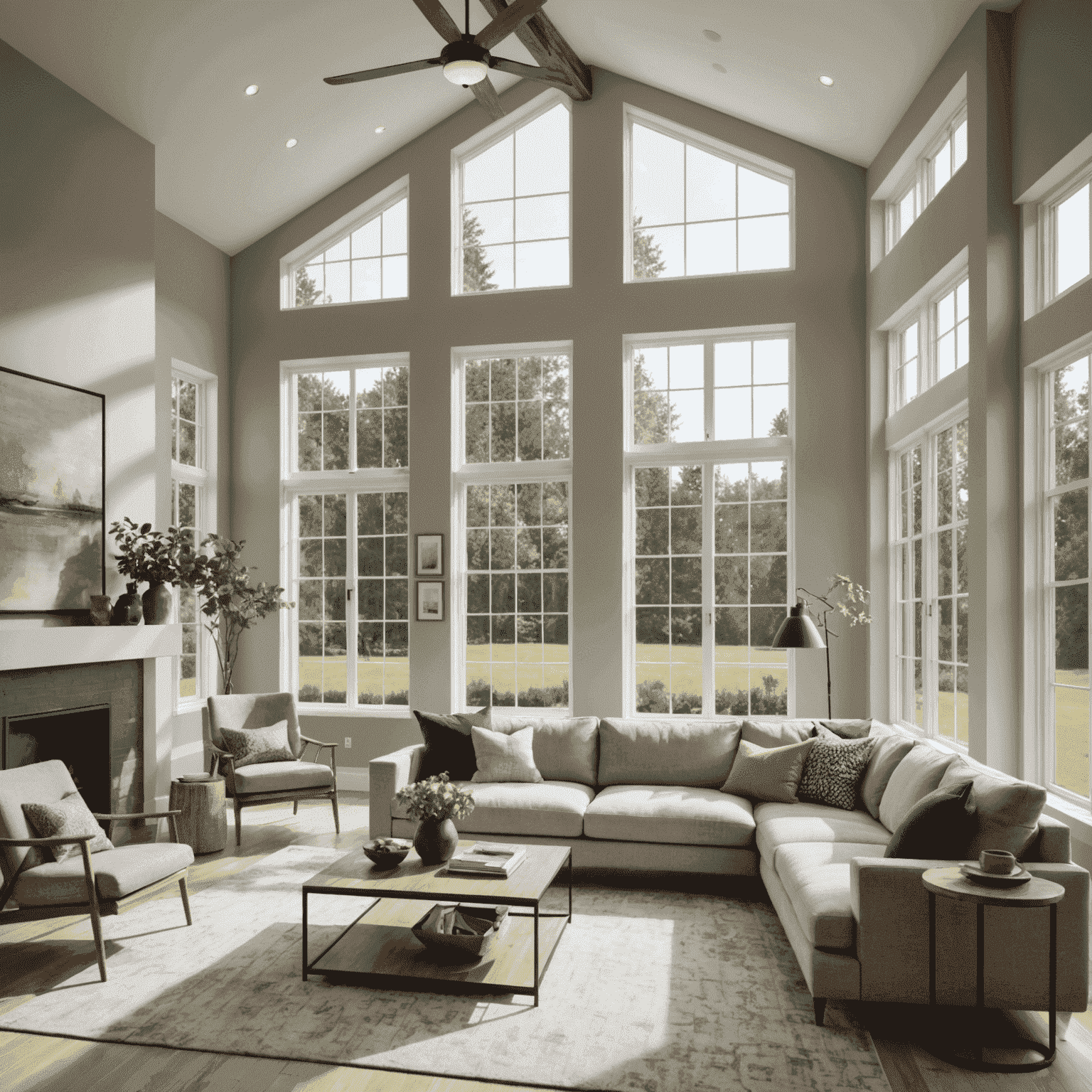 A well-lit modern living room with large, properly adjusted windows allowing natural light to flood in, showcasing energy efficiency