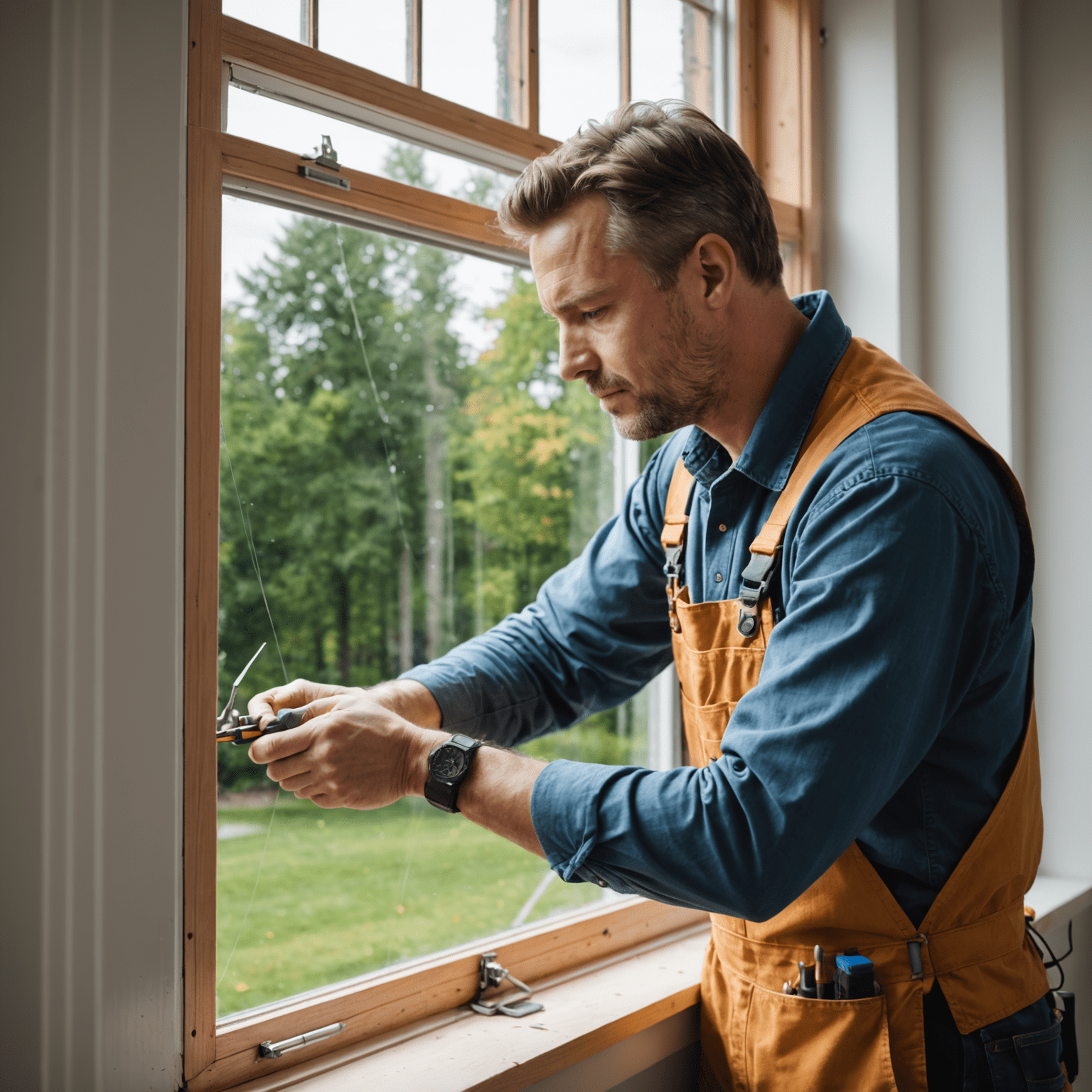 A professional window technician adjusting a window, showcasing the expertise and tools used in professional window adjustment