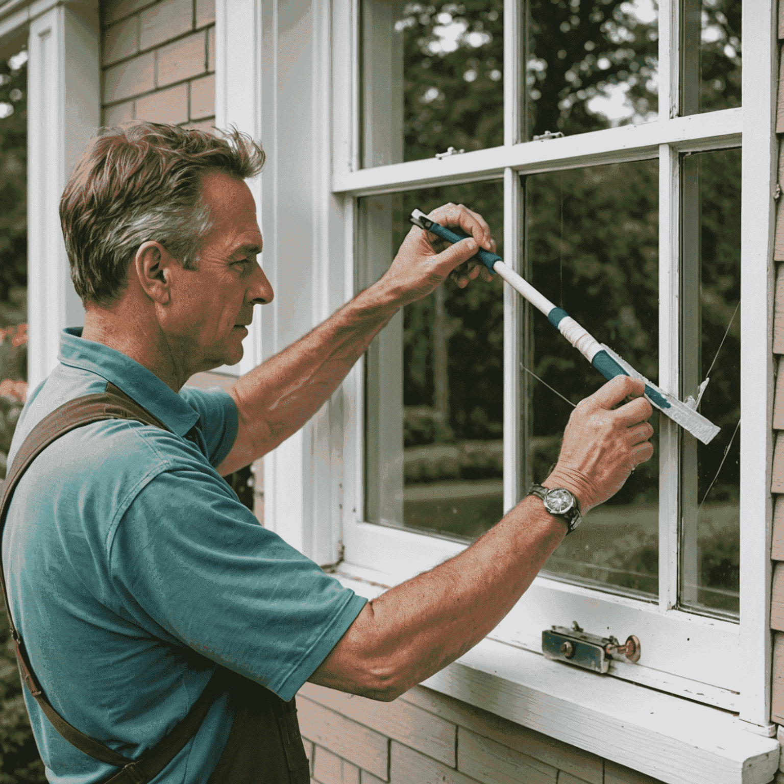 A homeowner performing simple window maintenance tasks, such as cleaning and adjusting window hardware