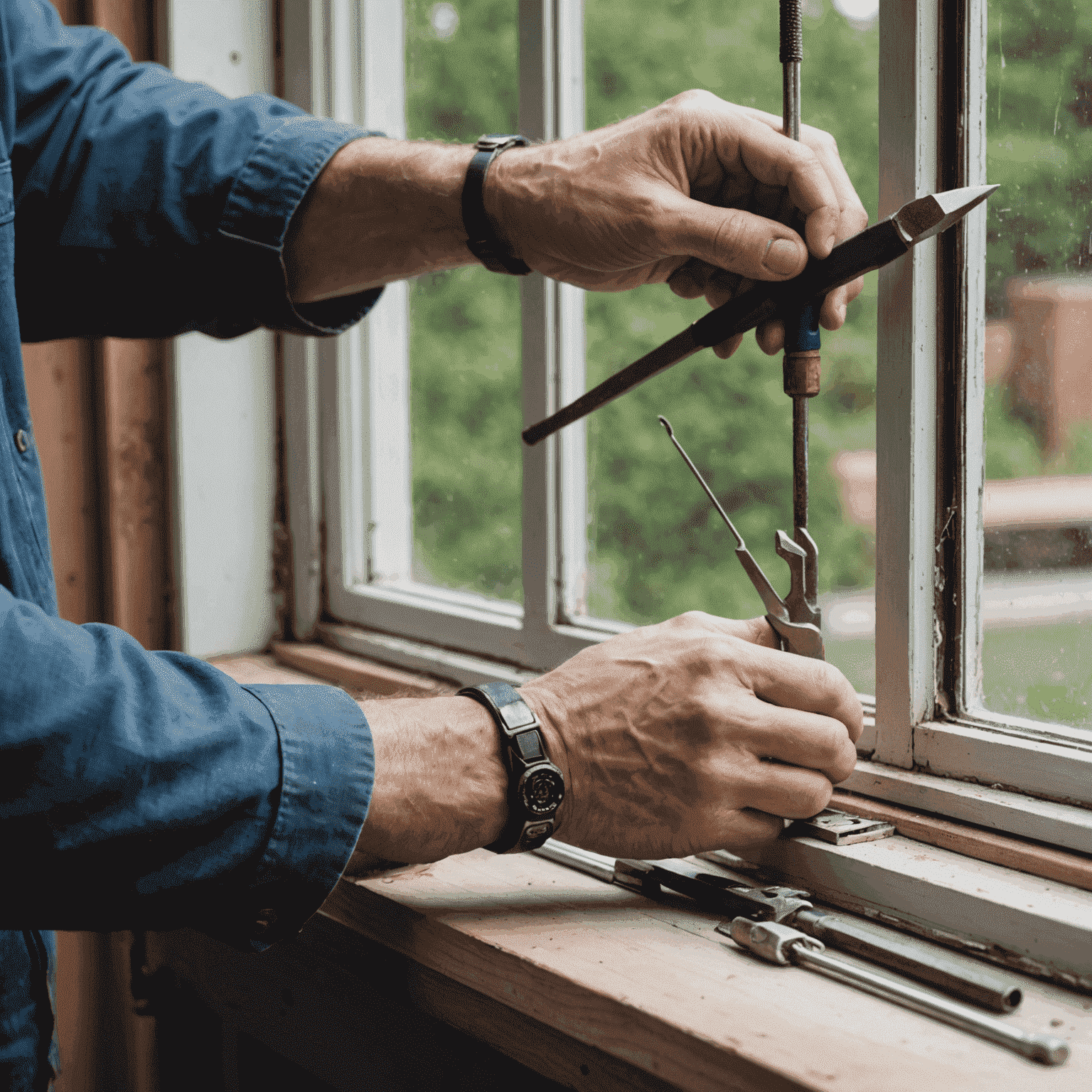 A close-up of a window technician's hands carefully adjusting the hardware of a window, with specialized tools visible