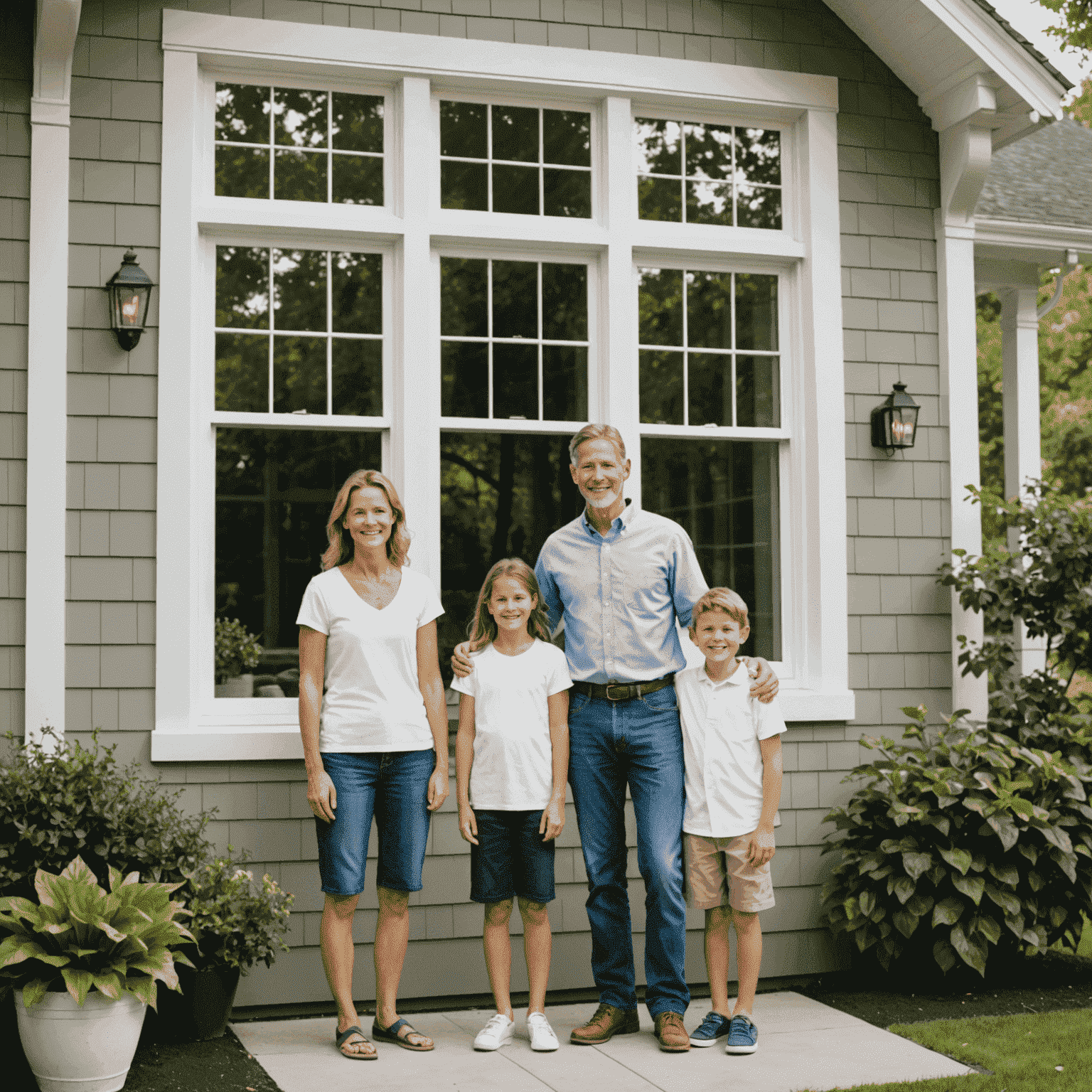 A family standing in front of their home, admiring their newly installed, energy-efficient windows